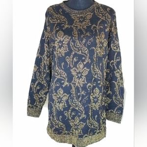 Pierre Cardin Vintage 80's Gold Metallic Floral on Black Sweater Dress / Tunic